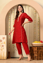 Myshka Red Silk Blend Straight Round Neck Three-Quarter Sleeves Kurta Trousers Set | Grocsy