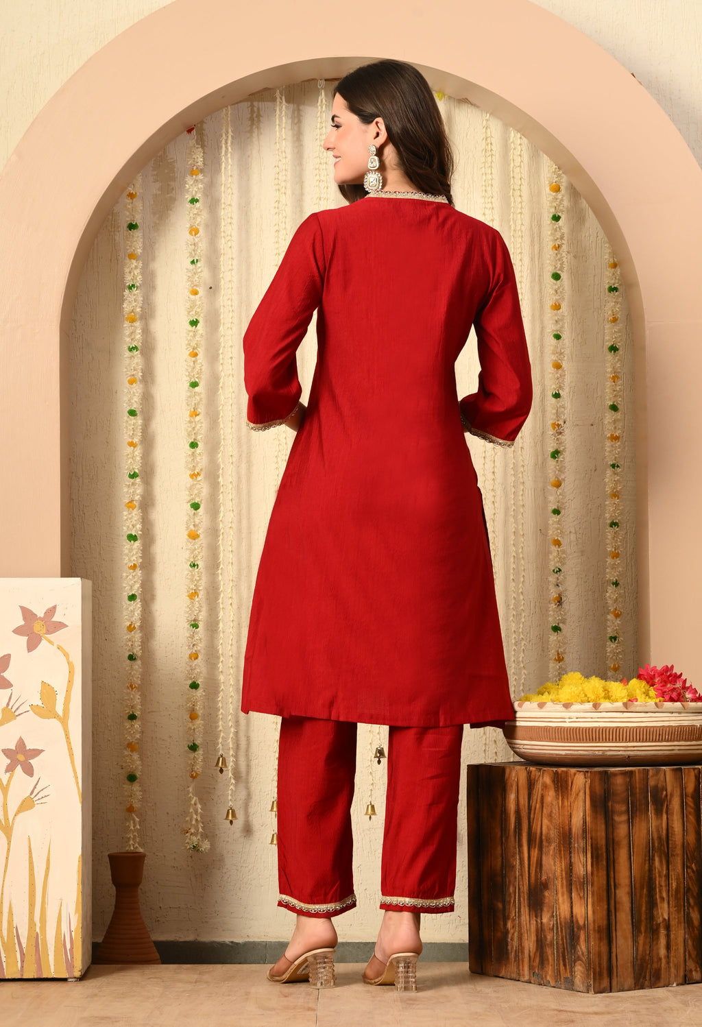 Myshka Red Silk Blend Straight Round Neck Three-Quarter Sleeves Kurta Trousers Set | Grocsy