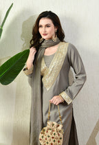 Myshka Gray Silk Blend Straight Round Neck Long Sleeves Kurta Trousers With Dupatta | Grocsy