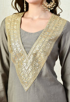 Myshka Gray Silk Blend Straight Round Neck Long Sleeves Kurta Trousers With Dupatta | Grocsy