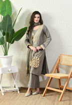 Myshka Gray Silk Blend Straight Round Neck Long Sleeves Kurta Trousers With Dupatta | Grocsy