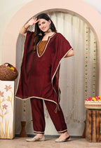 Myshka Maroon Silk Blend Kaftan Round Neck Short Sleeves Kurta Trousers Set | Grocsy