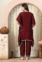Myshka Maroon Silk Blend Kaftan Round Neck Short Sleeves Kurta Trousers Set | Grocsy