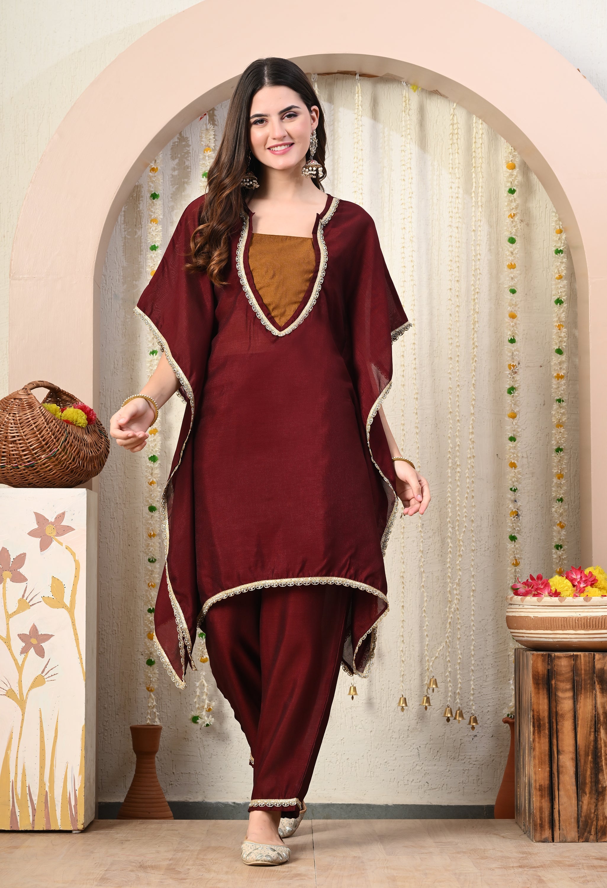 Myshka Maroon Silk Blend Kaftan Round Neck Short Sleeves Kurta Trousers Set | Grocsy
