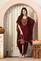 Myshka Maroon Silk Blend Kaftan Round Neck Short Sleeves Kurta Trousers Set | Grocsy