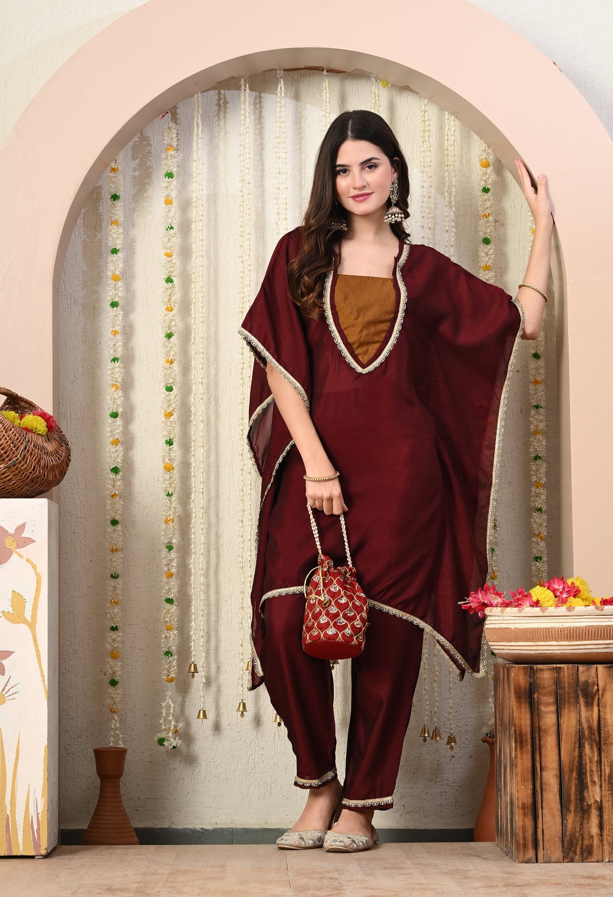 Myshka Maroon Silk Blend Kaftan Round Neck Short Sleeves Kurta Trousers Set | Grocsy