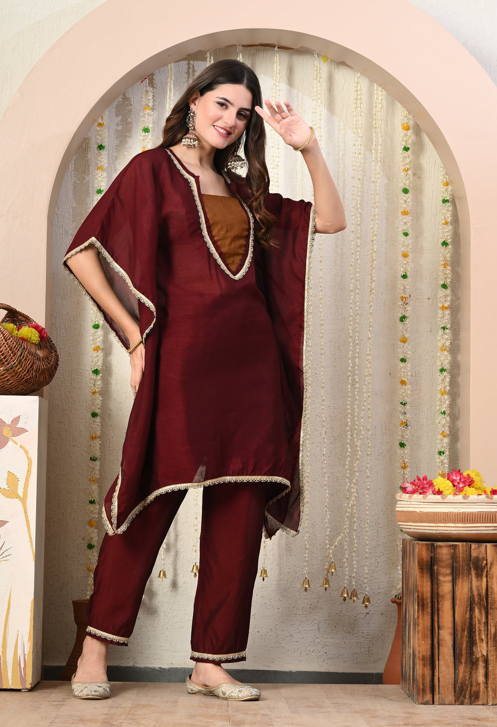 Myshka Maroon Silk Blend Kaftan Round Neck Short Sleeves Kurta Trousers Set | Grocsy