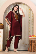 Myshka Maroon Silk Blend Kaftan Round Neck Short Sleeves Kurta Trousers Set | Grocsy