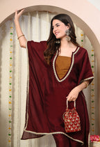 Myshka Maroon Silk Blend Kaftan Round Neck Short Sleeves Kurta Trousers Set | Grocsy