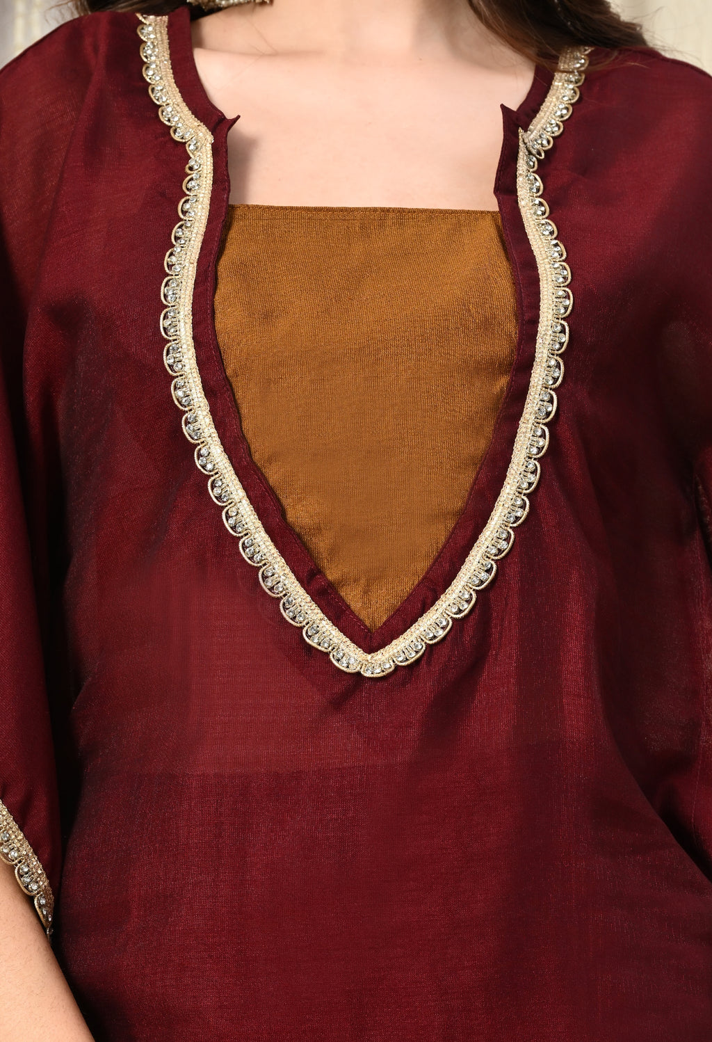 Myshka Maroon Silk Blend Kaftan Round Neck Short Sleeves Kurta Trousers Set | Grocsy