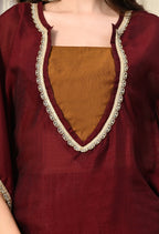 Myshka Maroon Silk Blend Kaftan Round Neck Short Sleeves Kurta Trousers Set | Grocsy