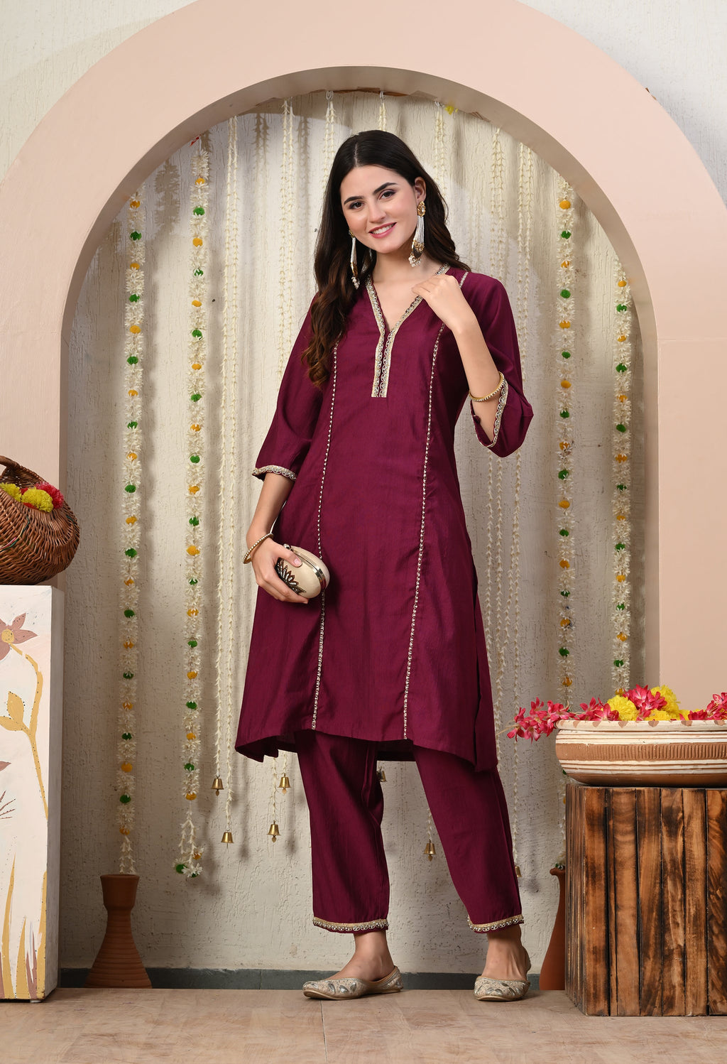 Myshka Wine Silk Blend Straight Round Neck Three-Quarter Sleeves Kurta Trousers Set | Grocsy
