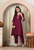 Myshka Wine Silk Blend Straight Round Neck Three-Quarter Sleeves Kurta Trousers Set | Grocsy