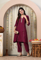Myshka Wine Silk Blend Straight Round Neck Three-Quarter Sleeves Kurta Trousers Set | Grocsy