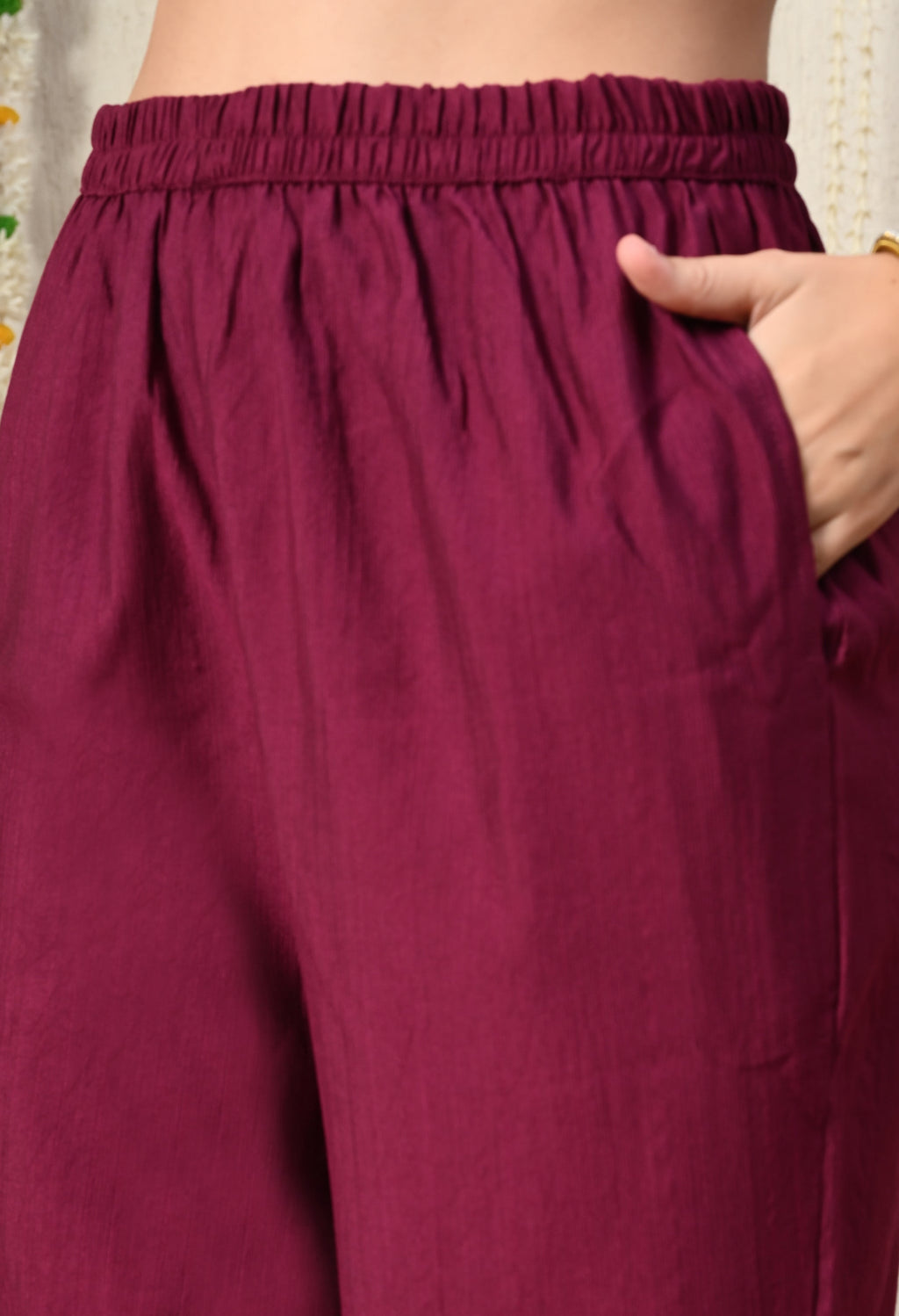 Myshka Wine Silk Blend Straight Round Neck Three-Quarter Sleeves Kurta Trousers Set | Grocsy