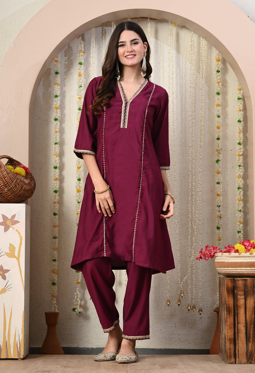 Myshka Wine Silk Blend Straight Round Neck Three-Quarter Sleeves Kurta Trousers Set | Grocsy