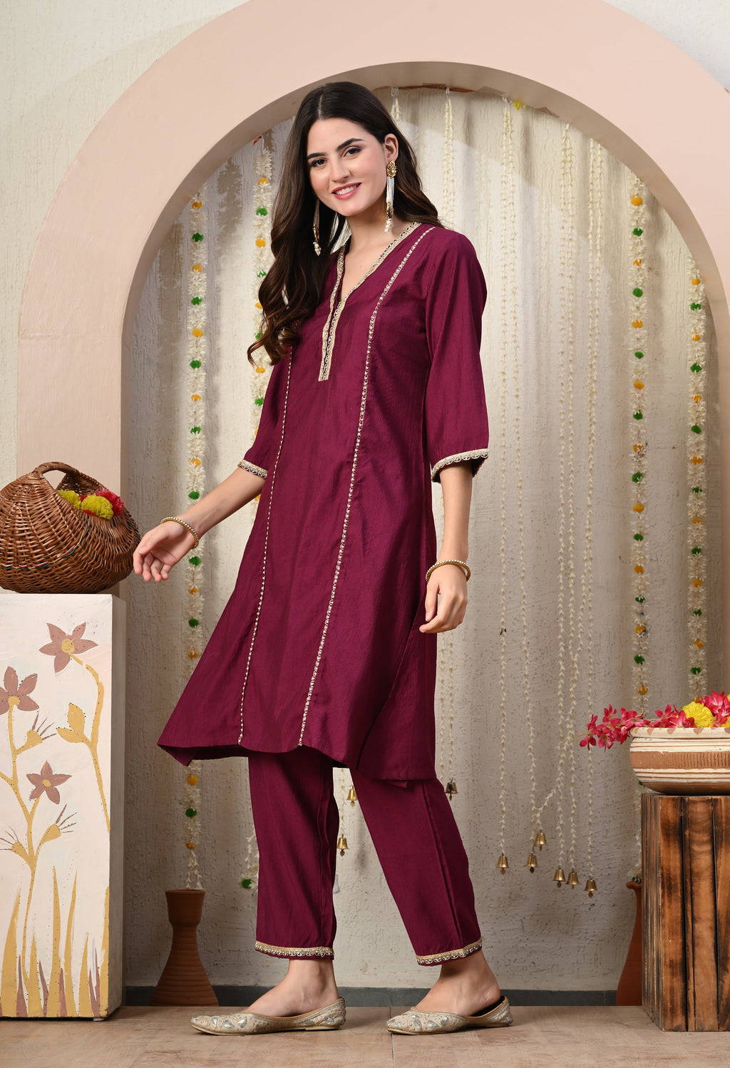 Myshka Wine Silk Blend Straight Round Neck Three-Quarter Sleeves Kurta Trousers Set | Grocsy