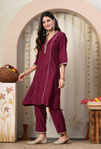 Myshka Wine Silk Blend Straight Round Neck Three-Quarter Sleeves Kurta Trousers Set | Grocsy
