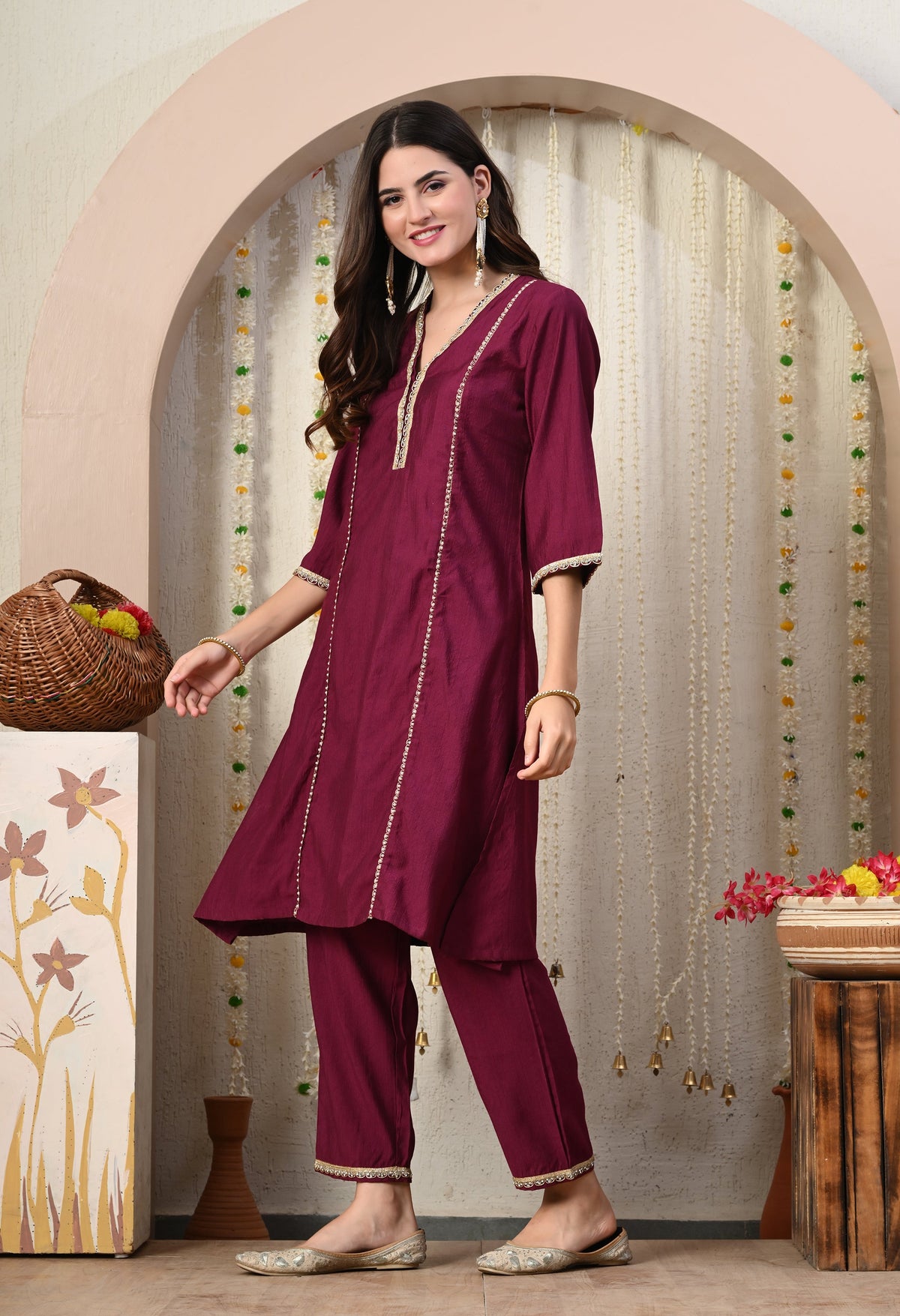 Myshka Wine Silk Blend Straight Round Neck Three-Quarter Sleeves Kurta Trousers Set | Grocsy