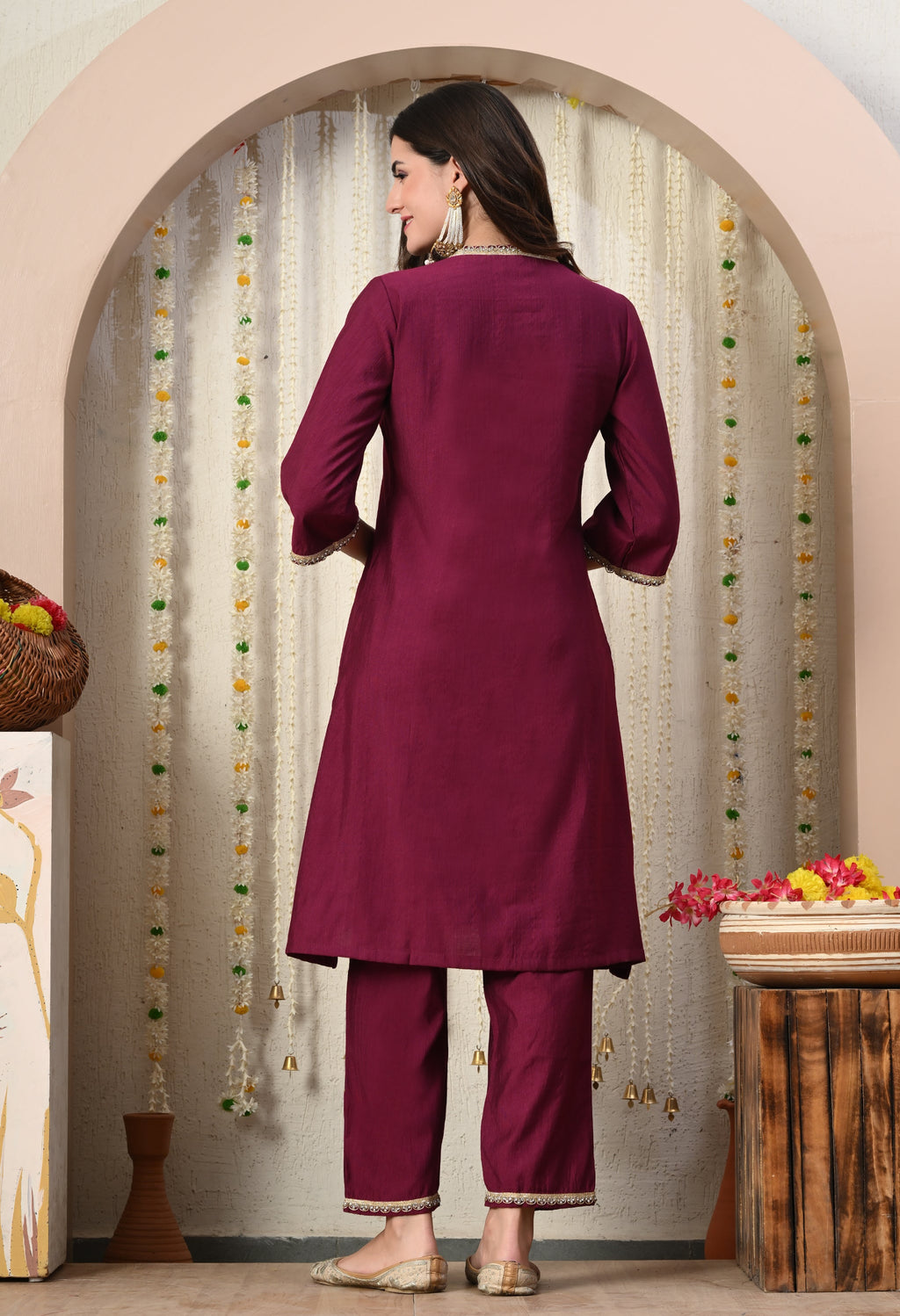 Myshka Wine Silk Blend Straight Round Neck Three-Quarter Sleeves Kurta Trousers Set | Grocsy