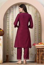 Myshka Wine Silk Blend Straight Round Neck Three-Quarter Sleeves Kurta Trousers Set | Grocsy