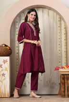 Myshka Wine Silk Blend Straight Round Neck Three-Quarter Sleeves Kurta Trousers Set | Grocsy