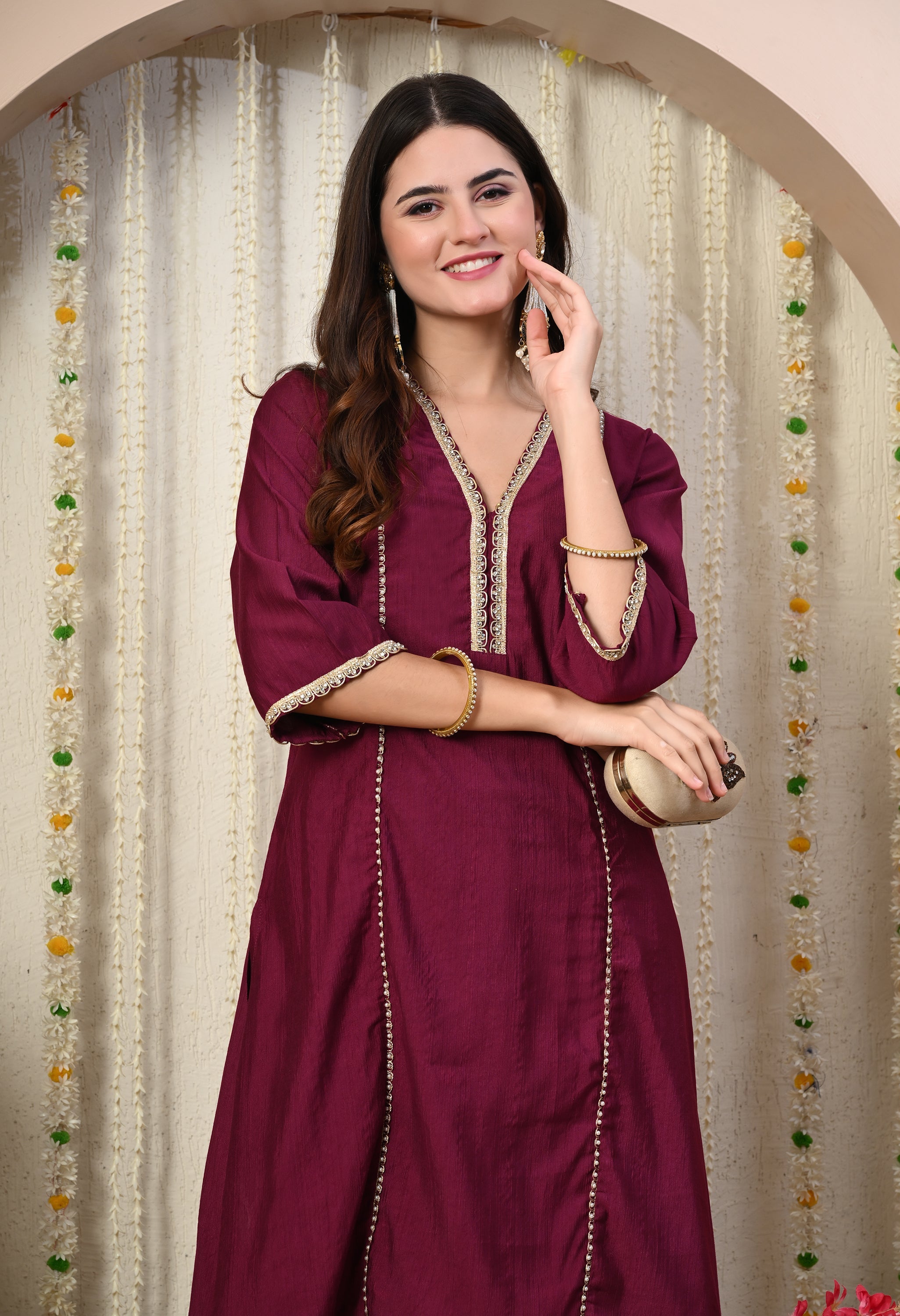Myshka Wine Silk Blend Straight Round Neck Three-Quarter Sleeves Kurta Trousers Set | Grocsy