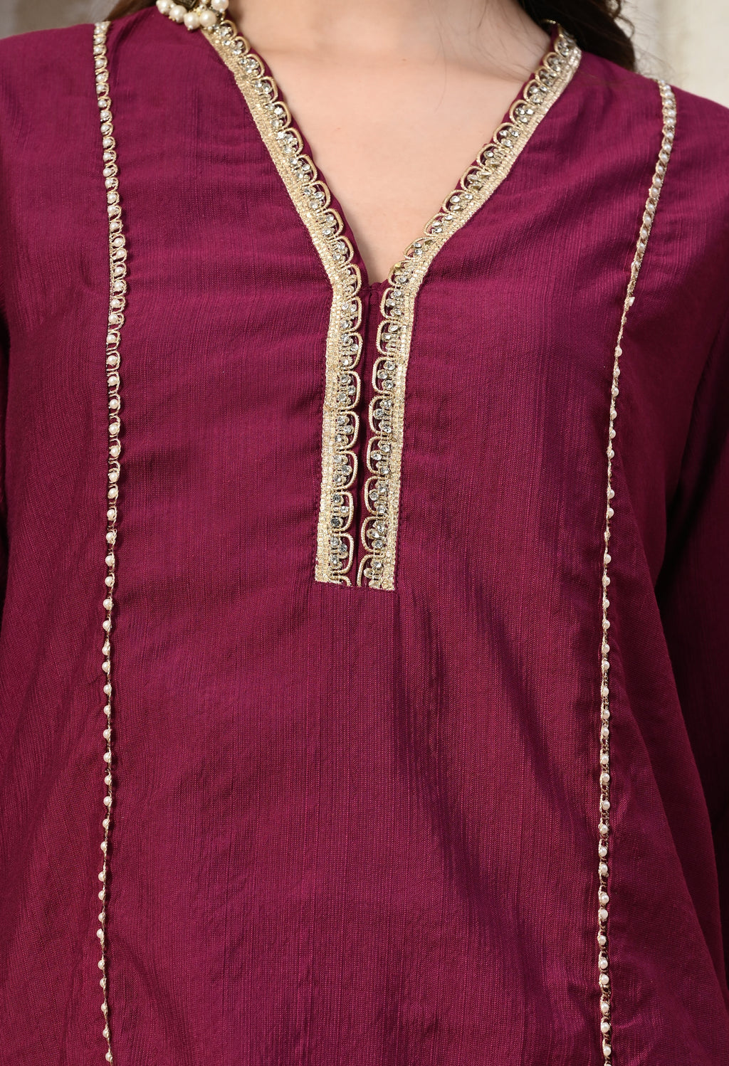 Myshka Wine Silk Blend Straight Round Neck Three-Quarter Sleeves Kurta Trousers Set | Grocsy