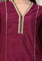 Myshka Wine Silk Blend Straight Round Neck Three-Quarter Sleeves Kurta Trousers Set | Grocsy
