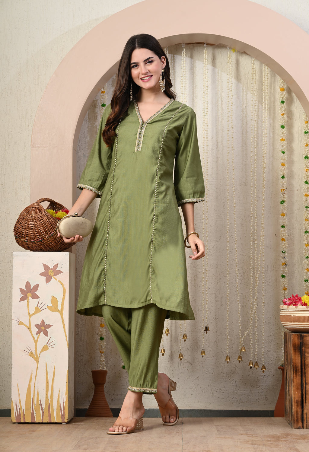 Myshka Green Silk Blend Straight Round Neck Three-Quarter Sleeves Kurta Trousers Set | Grocsy