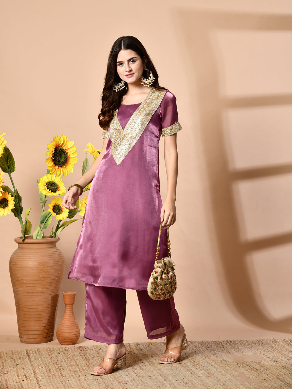 Myshka Mauve Silk Blend Straight Round Neck Short Sleeves Kurta Trousers Set | Grocsy