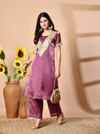Myshka Mauve Silk Blend Straight Round Neck Short Sleeves Kurta Trousers Set | Grocsy