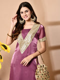 Myshka Mauve Silk Blend Straight Round Neck Short Sleeves Kurta Trousers Set | Grocsy