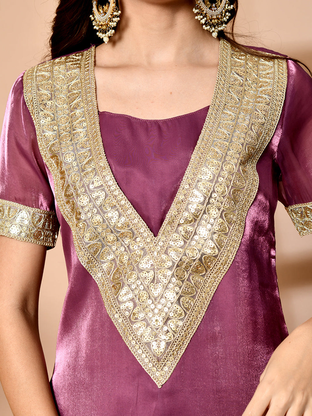 Myshka Mauve Silk Blend Straight Round Neck Short Sleeves Kurta Trousers Set | Grocsy