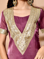Myshka Mauve Silk Blend Straight Round Neck Short Sleeves Kurta Trousers Set | Grocsy