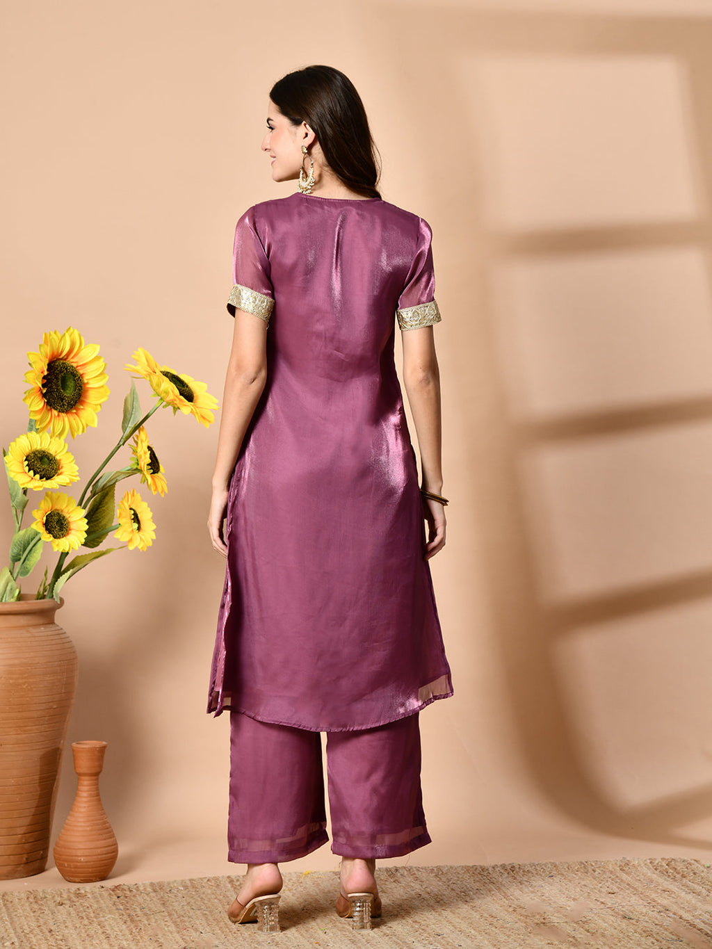 Myshka Mauve Silk Blend Straight Round Neck Short Sleeves Kurta Trousers Set | Grocsy