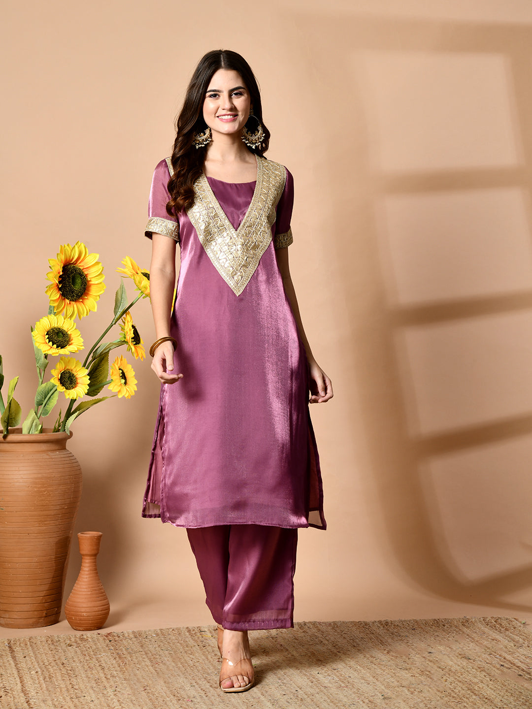 Myshka Mauve Silk Blend Straight Round Neck Short Sleeves Kurta Trousers Set | Grocsy