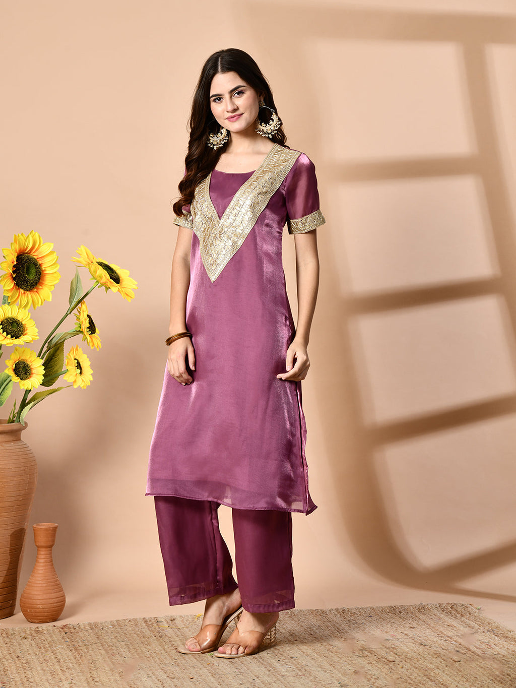 Myshka Mauve Silk Blend Straight Round Neck Short Sleeves Kurta Trousers Set | Grocsy