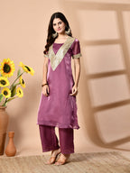 Myshka Mauve Silk Blend Straight Round Neck Short Sleeves Kurta Trousers Set | Grocsy