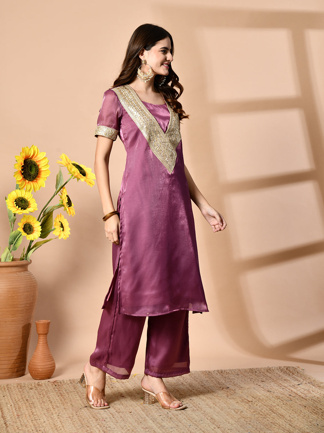 Myshka Mauve Silk Blend Straight Round Neck Short Sleeves Kurta Trousers Set | Grocsy