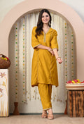 Myshka Musturd Silk Blend Straight Round Neck Three-Quarter Sleeves Kurta Trousers Set | Grocsy