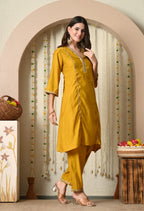 Myshka Musturd Silk Blend Straight Round Neck Three-Quarter Sleeves Kurta Trousers Set | Grocsy