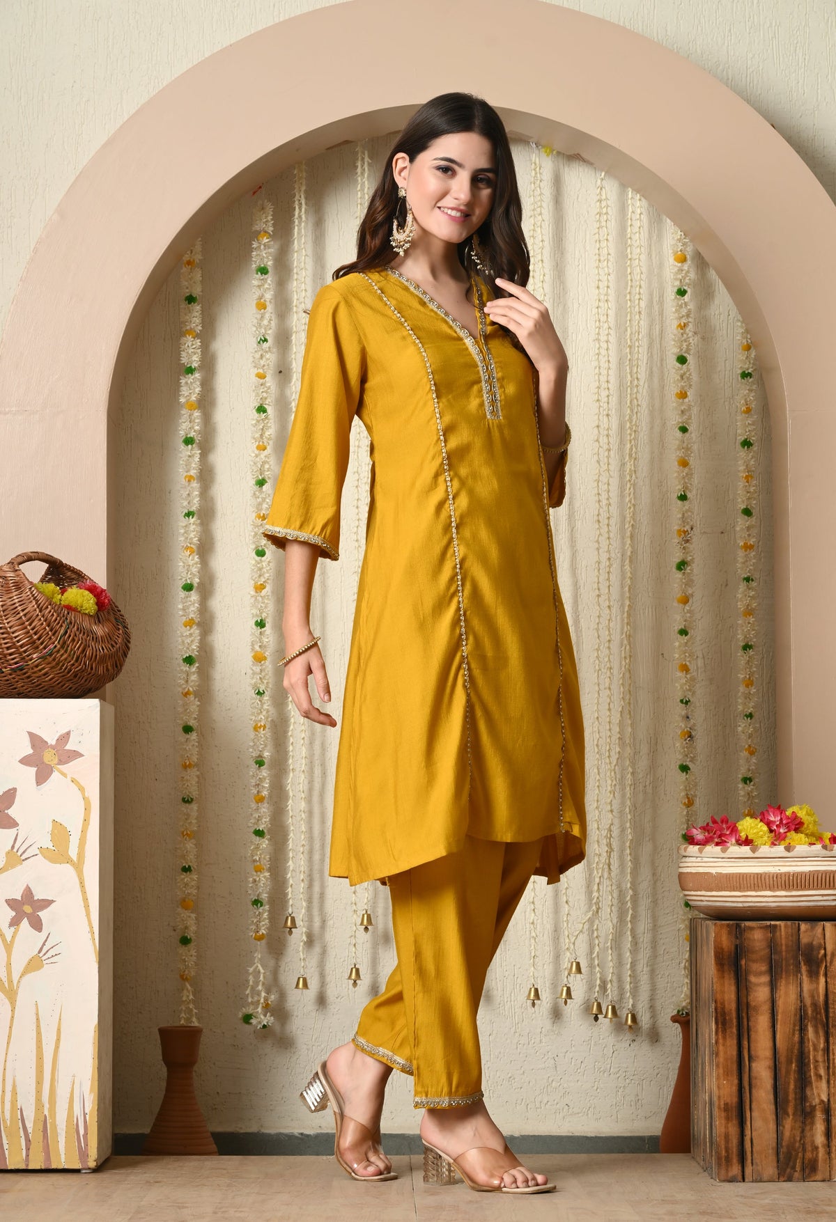 Myshka Musturd Silk Blend Straight Round Neck Three-Quarter Sleeves Kurta Trousers Set | Grocsy
