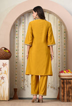 Myshka Musturd Silk Blend Straight Round Neck Three-Quarter Sleeves Kurta Trousers Set | Grocsy
