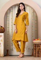 Myshka Musturd Silk Blend Straight Round Neck Three-Quarter Sleeves Kurta Trousers Set | Grocsy