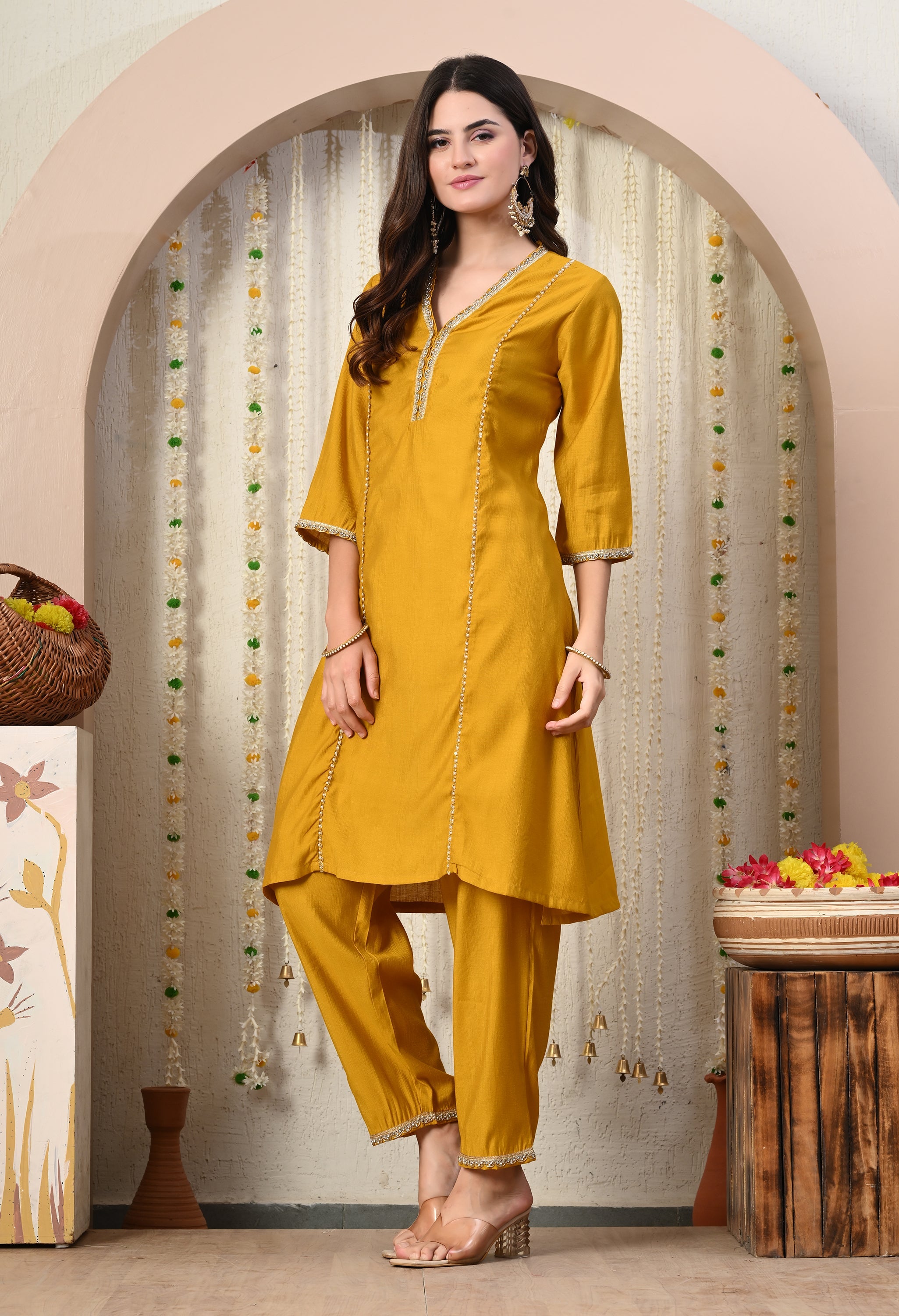 Myshka Musturd Silk Blend Straight Round Neck Three-Quarter Sleeves Kurta Trousers Set | Grocsy