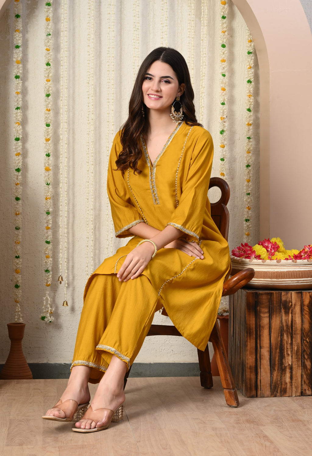 Myshka Musturd Silk Blend Straight Round Neck Three-Quarter Sleeves Kurta Trousers Set | Grocsy