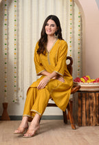 Myshka Musturd Silk Blend Straight Round Neck Three-Quarter Sleeves Kurta Trousers Set | Grocsy