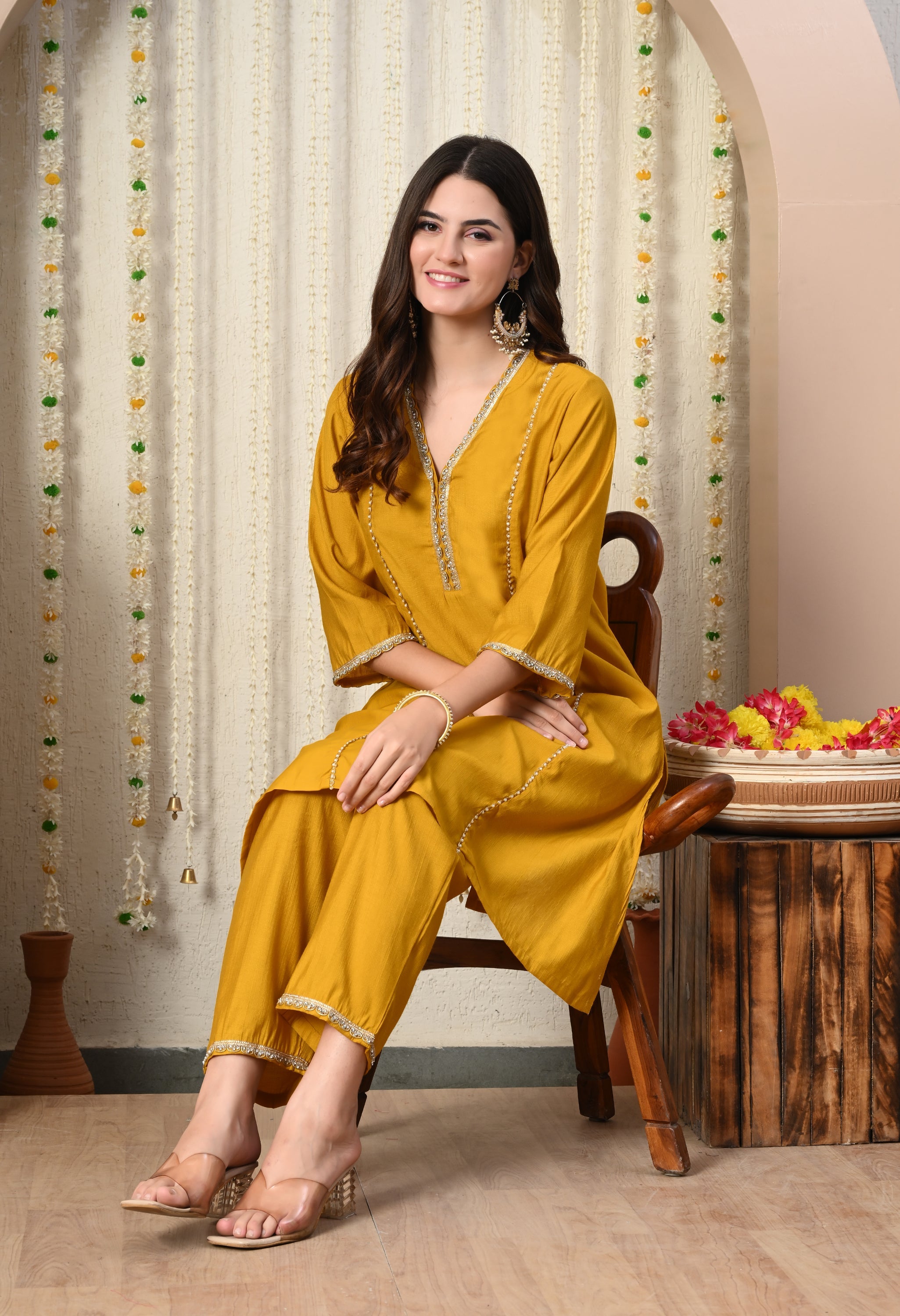 Myshka Musturd Silk Blend Straight Round Neck Three-Quarter Sleeves Kurta Trousers Set | Grocsy