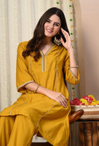 Myshka Musturd Silk Blend Straight Round Neck Three-Quarter Sleeves Kurta Trousers Set | Grocsy